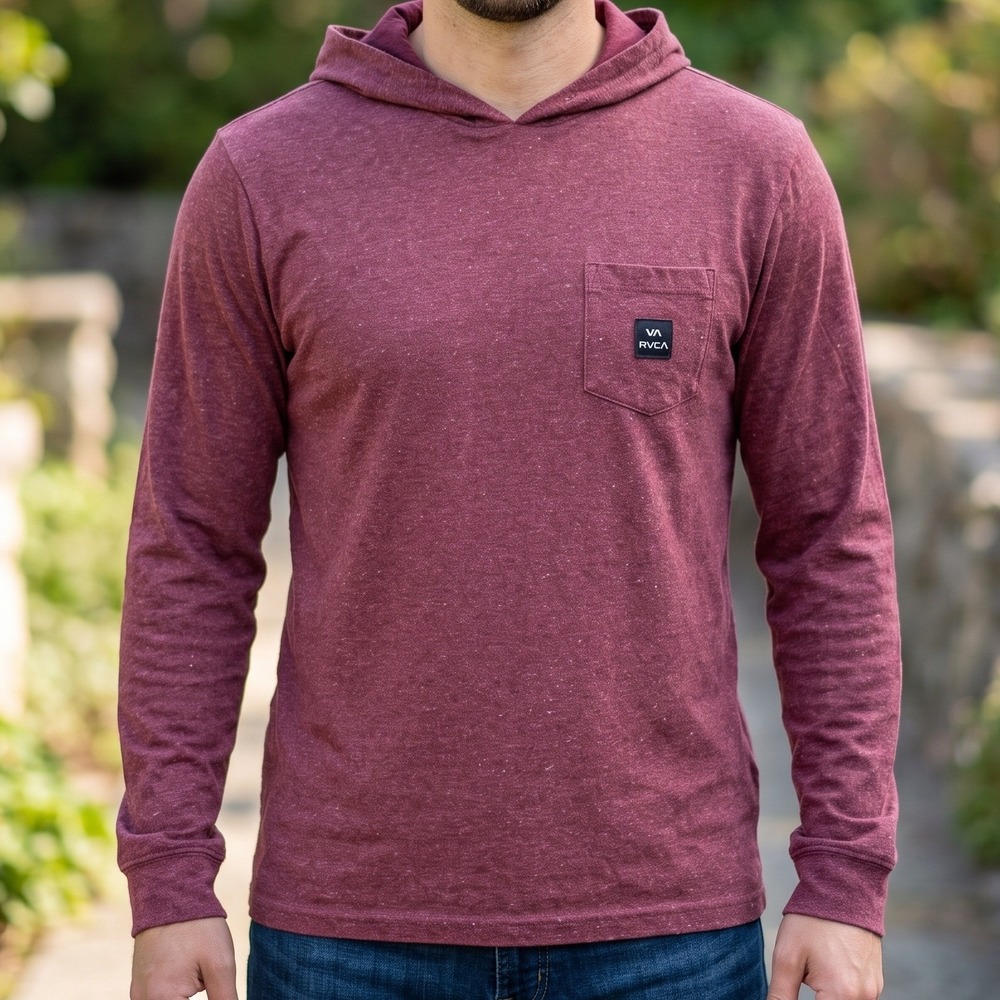 RVCA Mens Regular Fit Hooded Long Sleeve T-Shirt Heather Burgundy Red Pocket Tee